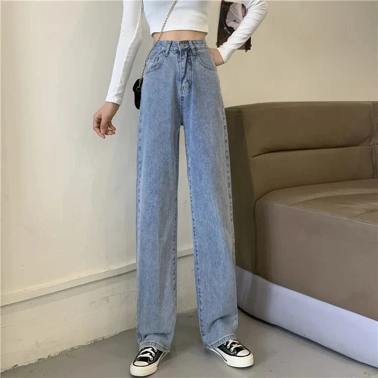 2 XL / style 2 Blue Women's Pants Streetwear Straight Solid Color High Waist Trouser Baggy Fashion Girl Student Jeans Wide Leg Mom Denim Pants