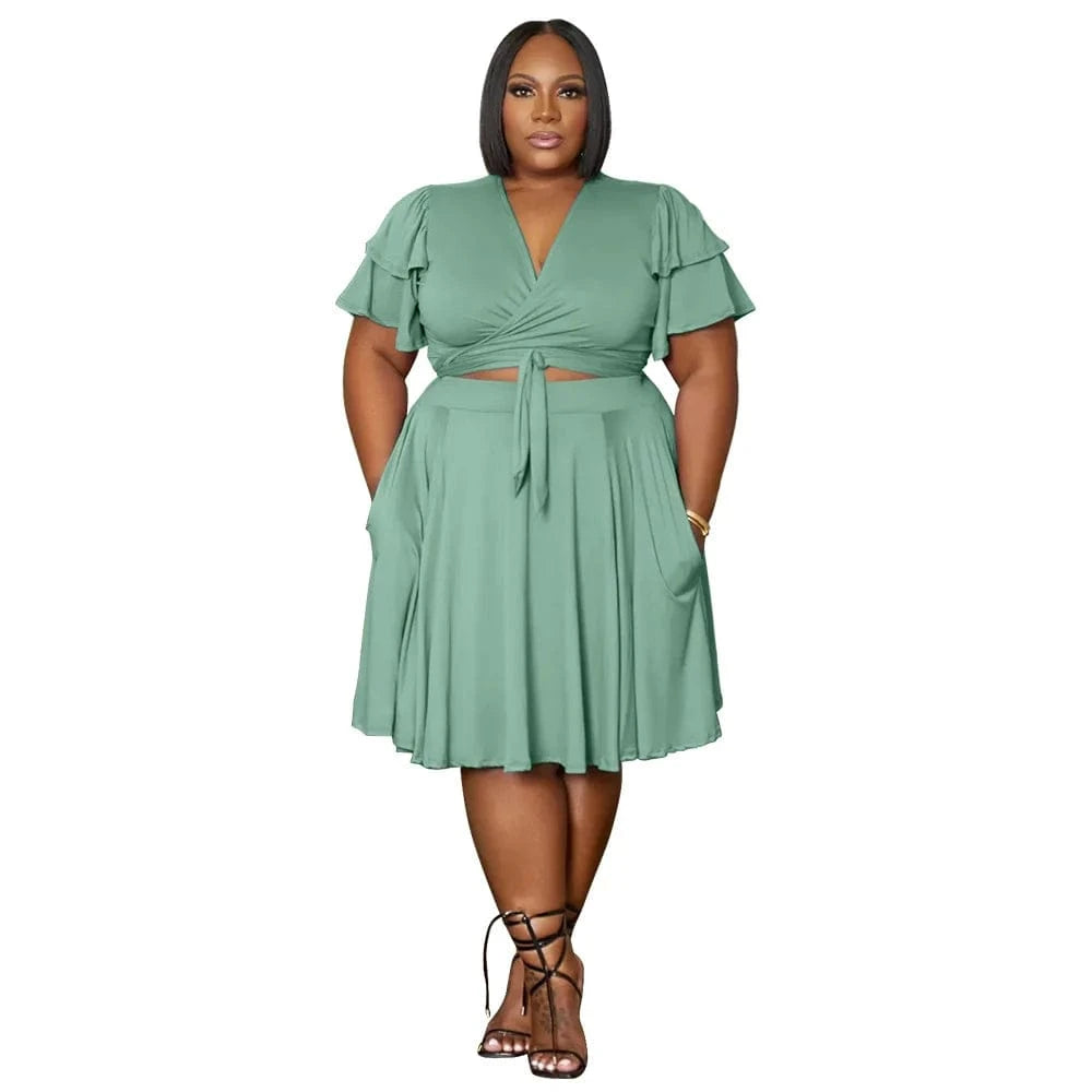 2 XL / Turquoise women's clothing summer 2024 Stylish Ruffled sleeves lace-up V-neck plus size loose skirt set