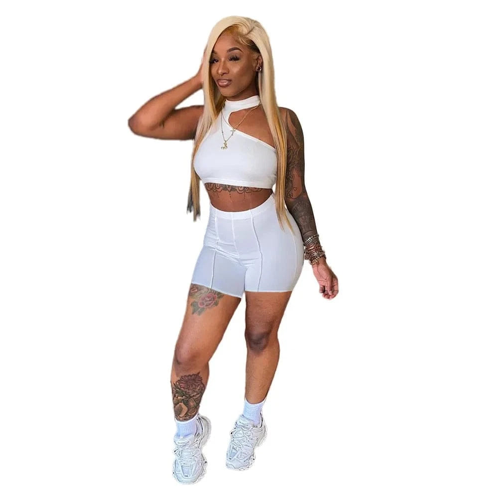 2 XL / White 2022 Fashion Tracksuit Summer Casual Outfit Women Set Solid Sleeveless Crop Top Sheath Elastic High Waist Shorts 2 Piece Sets