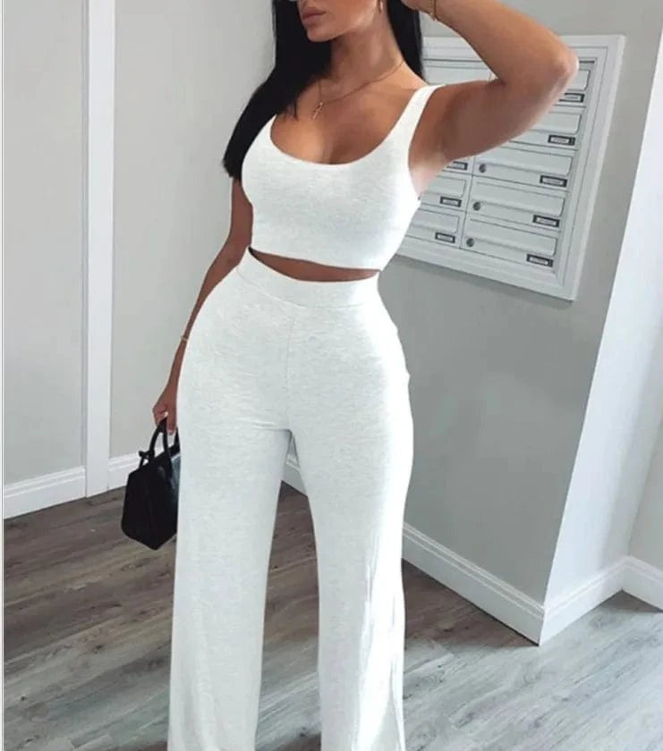 2 XL / White Custom Solid Color Crop Tops Short Tank Long Pants Suits Sweatpants Women Clothing Summer Women Two Piece Pants Set