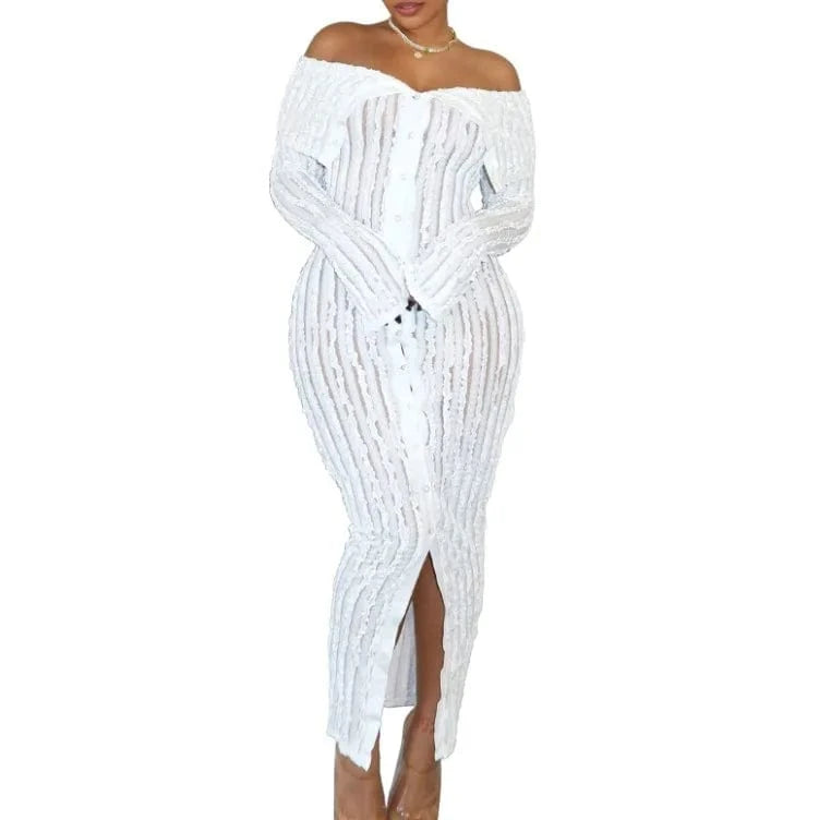 2 XL / White G0654 Wholesale spring 2024 boutique clothes sexy wave casual dresses off shoulder long sleeve dress elegant women's dresses