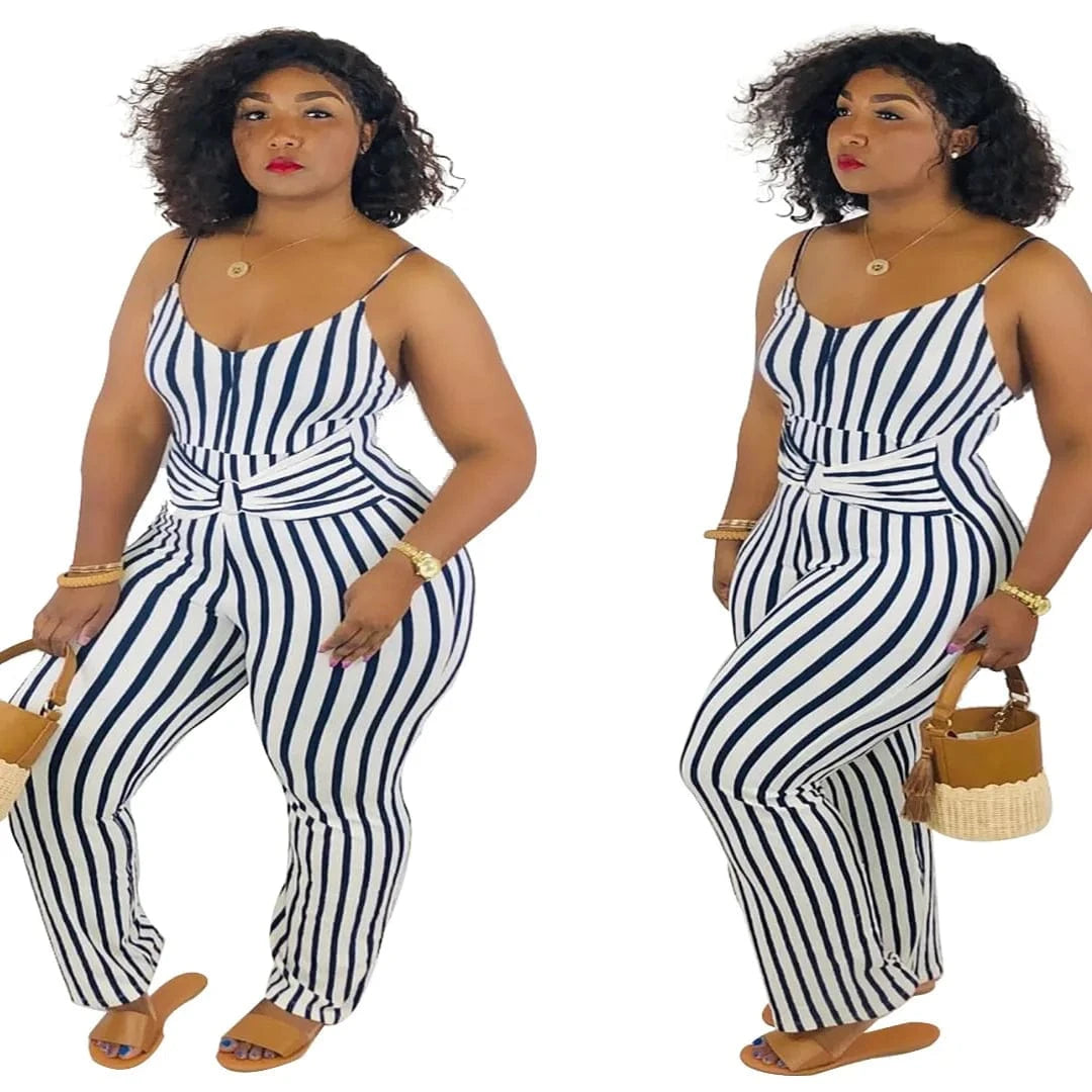 2 XL / White Hot Seller Summer Women's Clothing Jumpsuit Striped Suspender Straps Playsuit Plus Size Back Zipper Lady Long Romper
