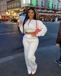 2 XL / White J&H 2024 elegance high waist wide leg pants set 2 pieces women zip up cropped jacket autumn fashion outfits