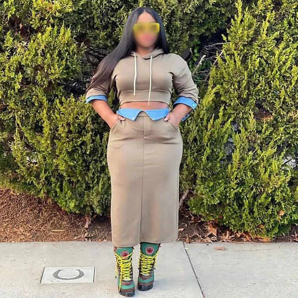 2 XL / White J&H Denim Patchwork Women's Set Long Sleeve Hooded Sweatshirt And Bodycon Maxi Skirts Suit 2024 Two 2 Piece Set Outfit