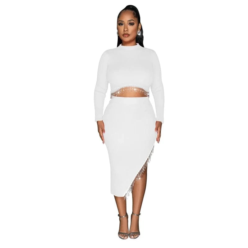 2 XL / White new arrivals 2024 woman valentine party rhinestone bead crystal tassel 2 piece slit skirt set dress 2024 evening gown for women