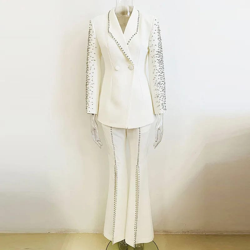 2 XL / White Newest Lady Stylish Rhinestone Lines Office Wear Fine Workmanship Beads Hot Drilling Blazer Flared Pants 2 Pieces Sets Women