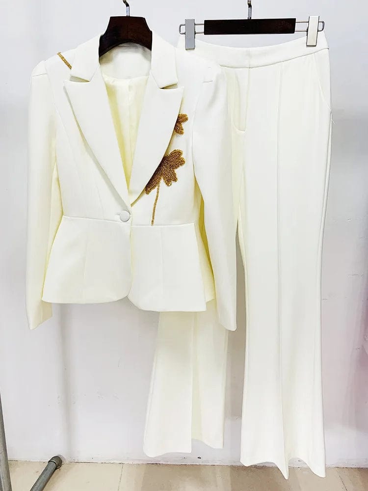 2 XL / White OUDINA In Stock 2024 Fashion New Formal Beading Single Button Suit Pants Set Business Suits For Women Sets Two Piece