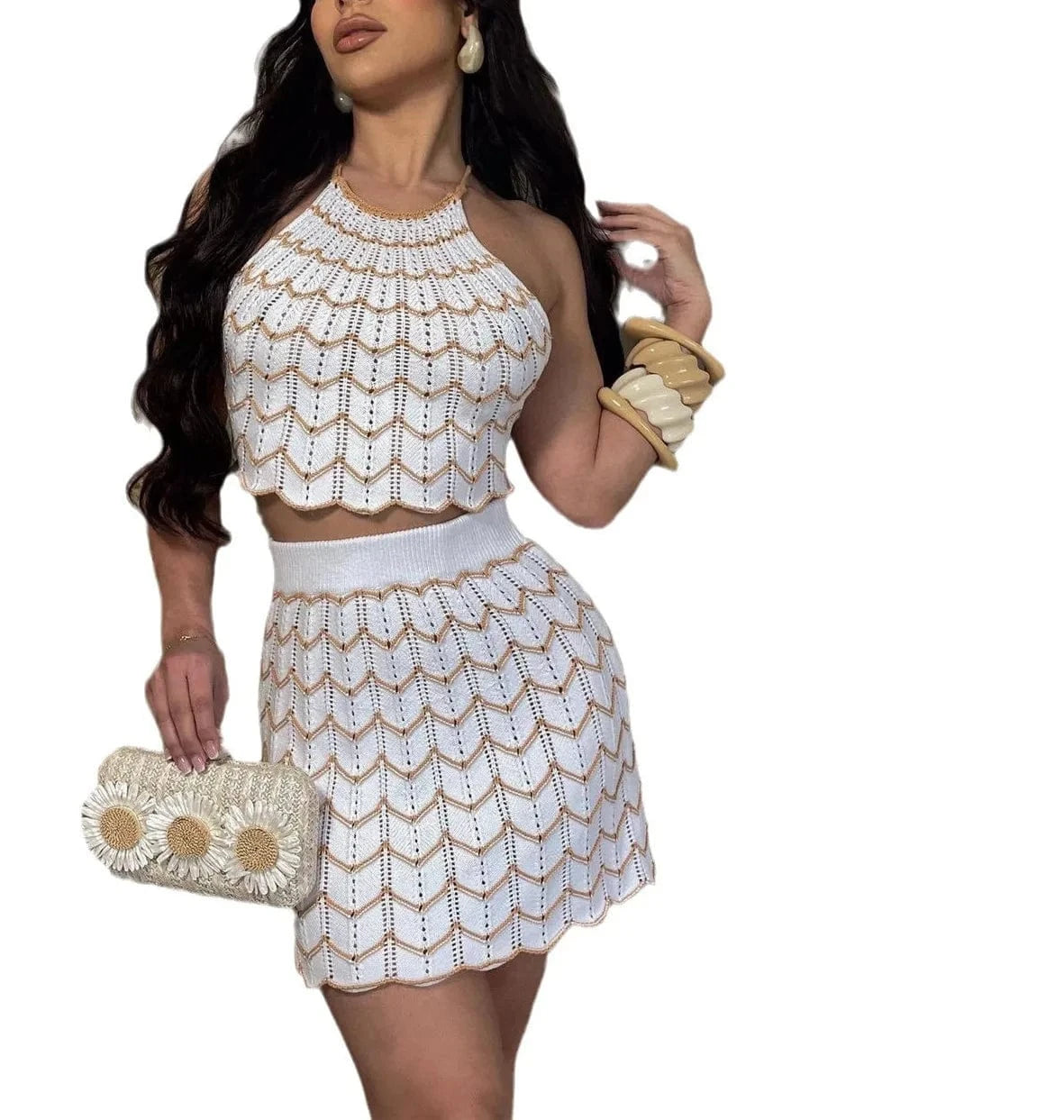2 XL / White ZHEZHE 2024 y2k Clothing Women Clothes Set Crochet 2 piece Skirt Set Hollow Out Backless  Knitted Elastic Casual Skirt Set