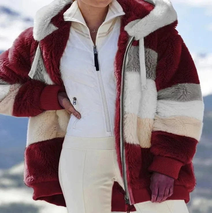 2 XL / Wine red 2024 autumn/winter warm plush patchwork zippered pocket Hooded loose coat for women