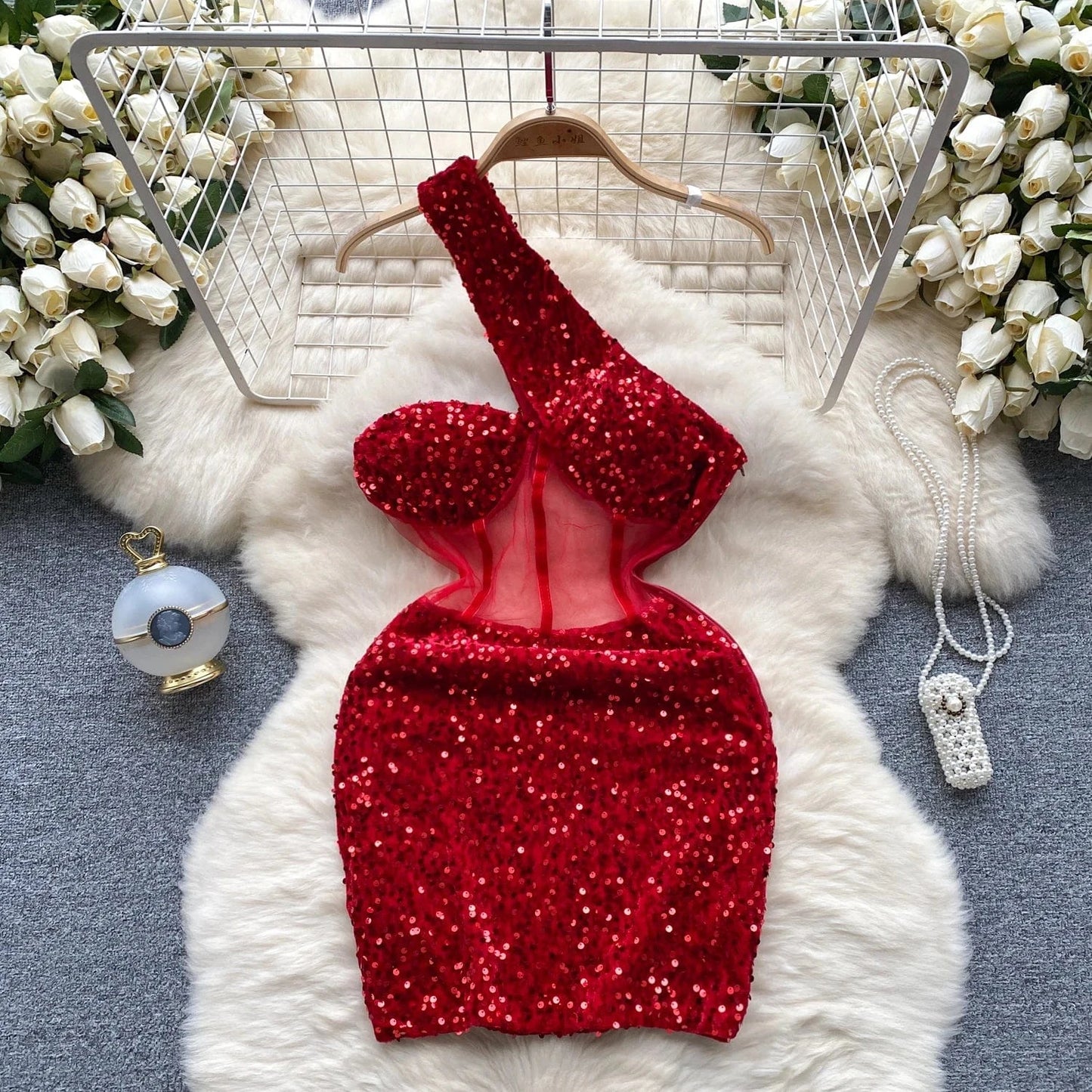 2 XL / wine red Women Sequined Halter Neck Sleeveless Bodycon Mesh Patchwork Mini Midi Dress 2024 Summer Sexy Club Party Evening Dresses