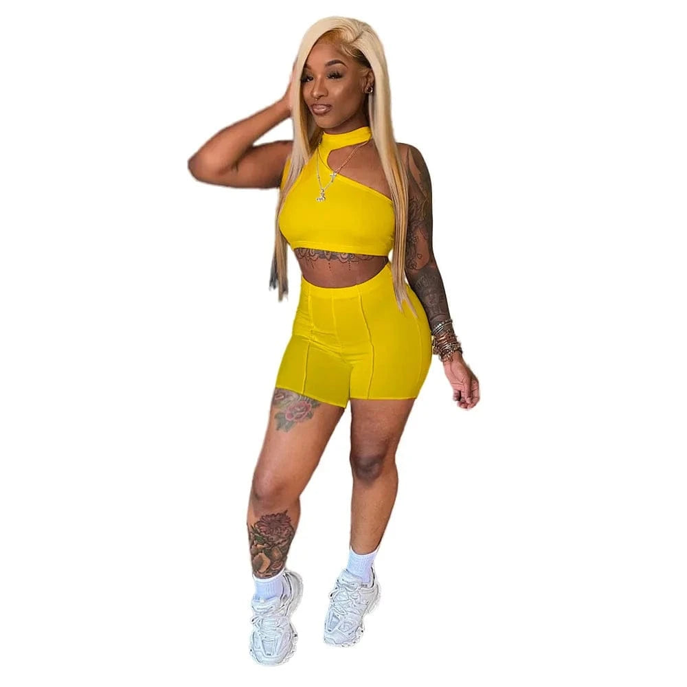 2 XL / Yellow 2022 Fashion Tracksuit Summer Casual Outfit Women Set Solid Sleeveless Crop Top Sheath Elastic High Waist Shorts 2 Piece Sets