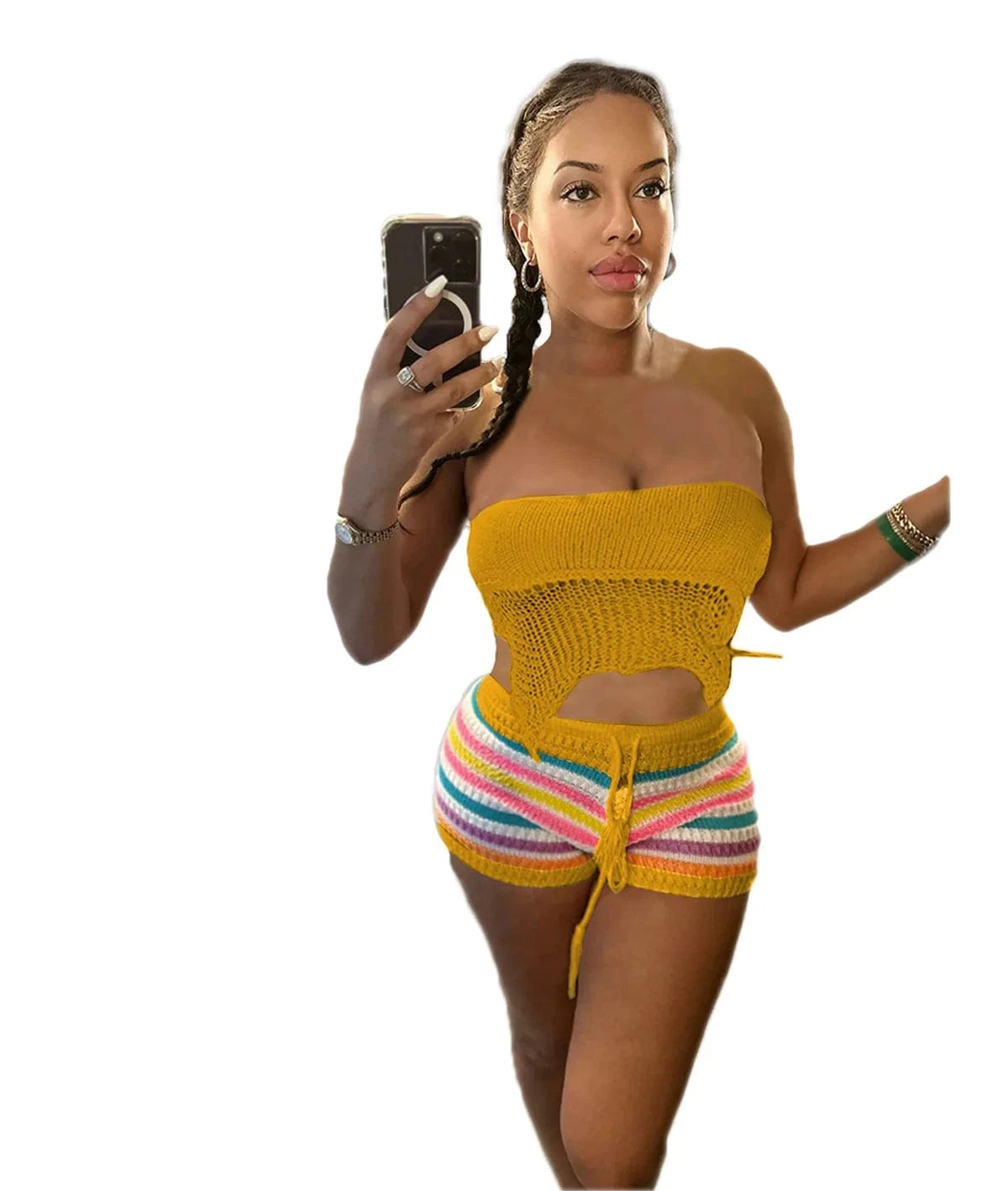 2 XL / Yellow 2024 Summer New Crochet Rainbow Striped Clothing Womens Knitted 2 Piece Short Sets Sexy Strapless Top and Shorts Two Piece Set
