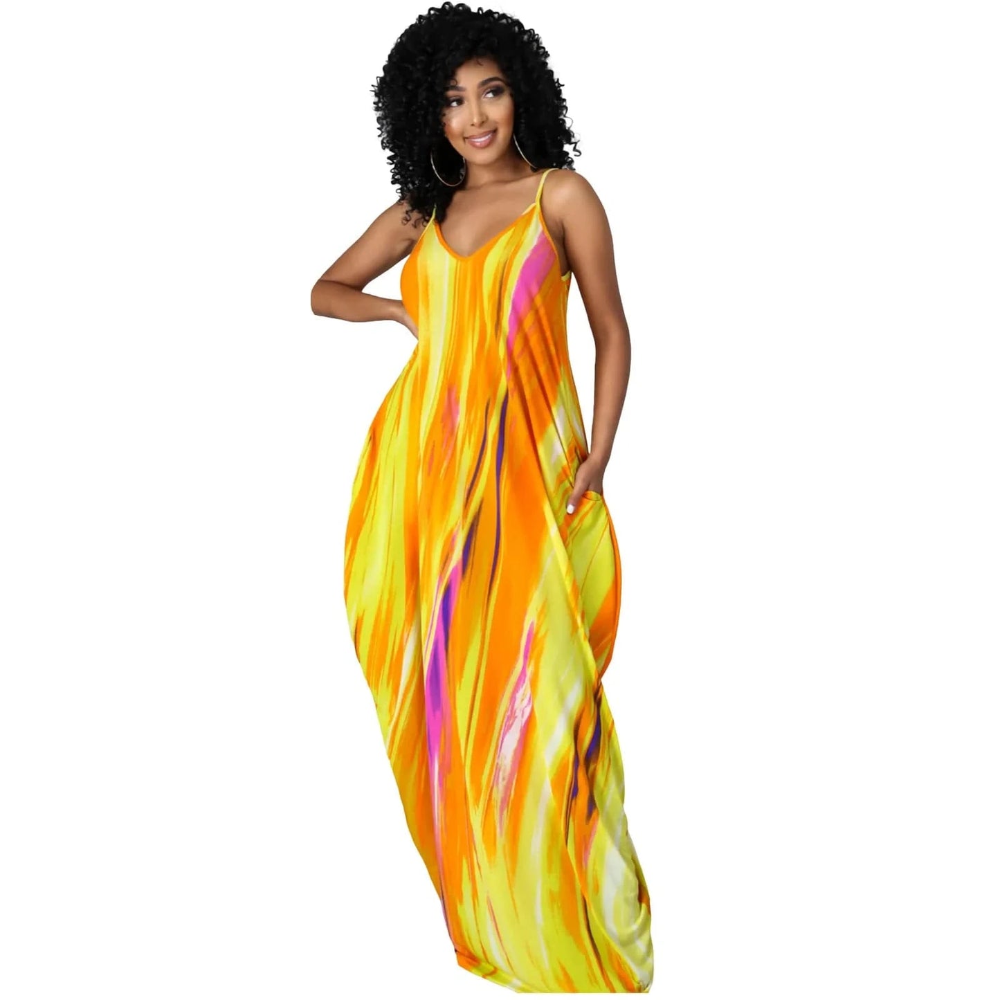 2 XL / Yellow 2024 Summer Sexy Fashionable Floral Clothes Tie-Dye Multicolored Print Halter Loose Dress Women Maxi Long Dresses