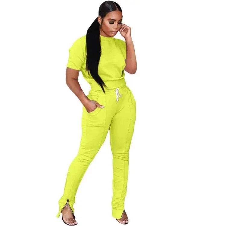2 XL / Yellow Custom Logo Short Sleeves Sweat Suits Fashion Women Joggers Suits Sets Polyester Feet Zip Training Jogging Wear For Women