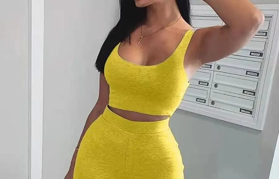 2 XL / Yellow Custom Solid Color Crop Tops Short Tank Long Pants Suits Sweatpants Women Clothing Summer Women Two Piece Pants Set