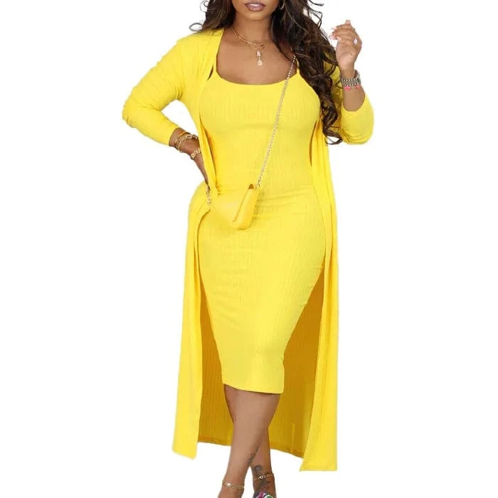 2 XL / Yellow D3232 Trendy Autumn Winter Dress Set Casual Dresses Women Lady Elegant Strap Dress And Long Coat Two Piece Set Women Clothing