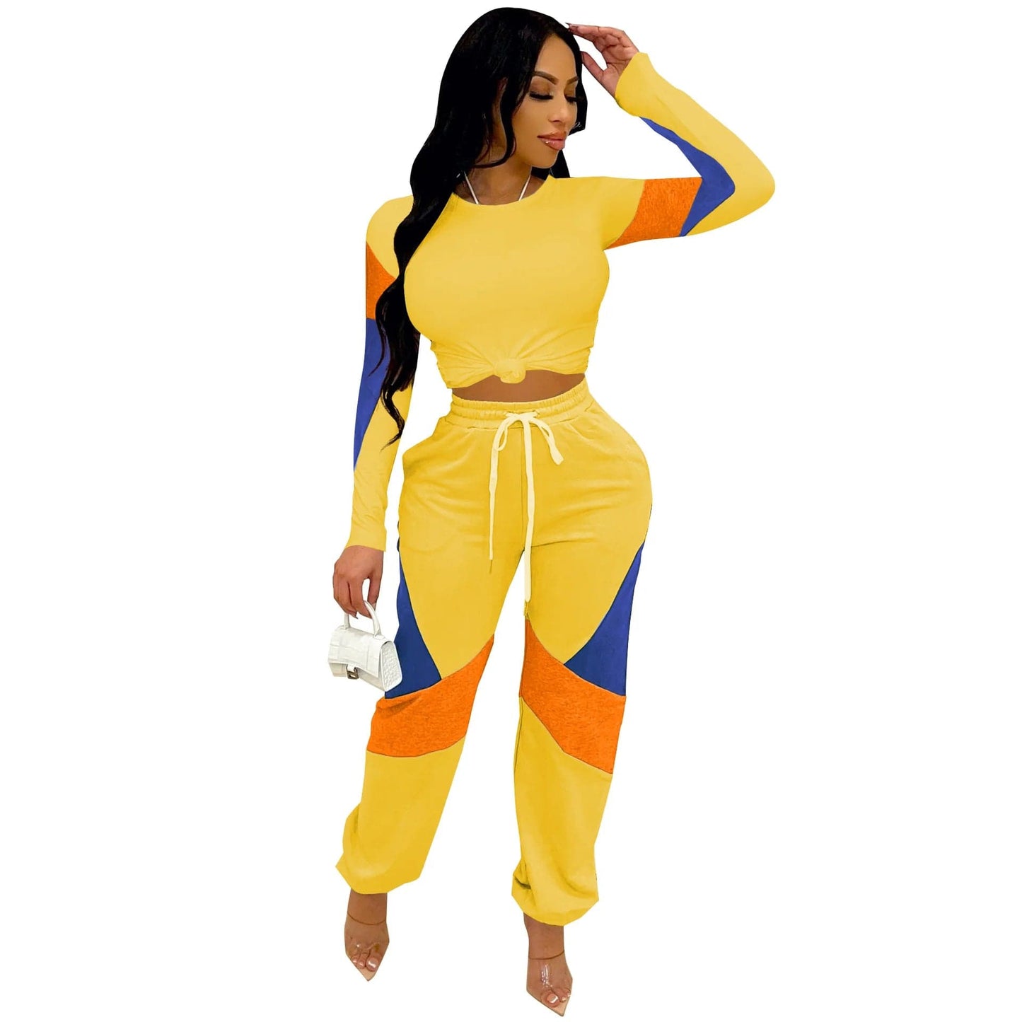 2 XL / Yellow Fall Casual Streetwear Fashion Print Women's Pants Sets Long Sleeve Sweat Suit Set Women Joggers Pants Two Piece Pants Set