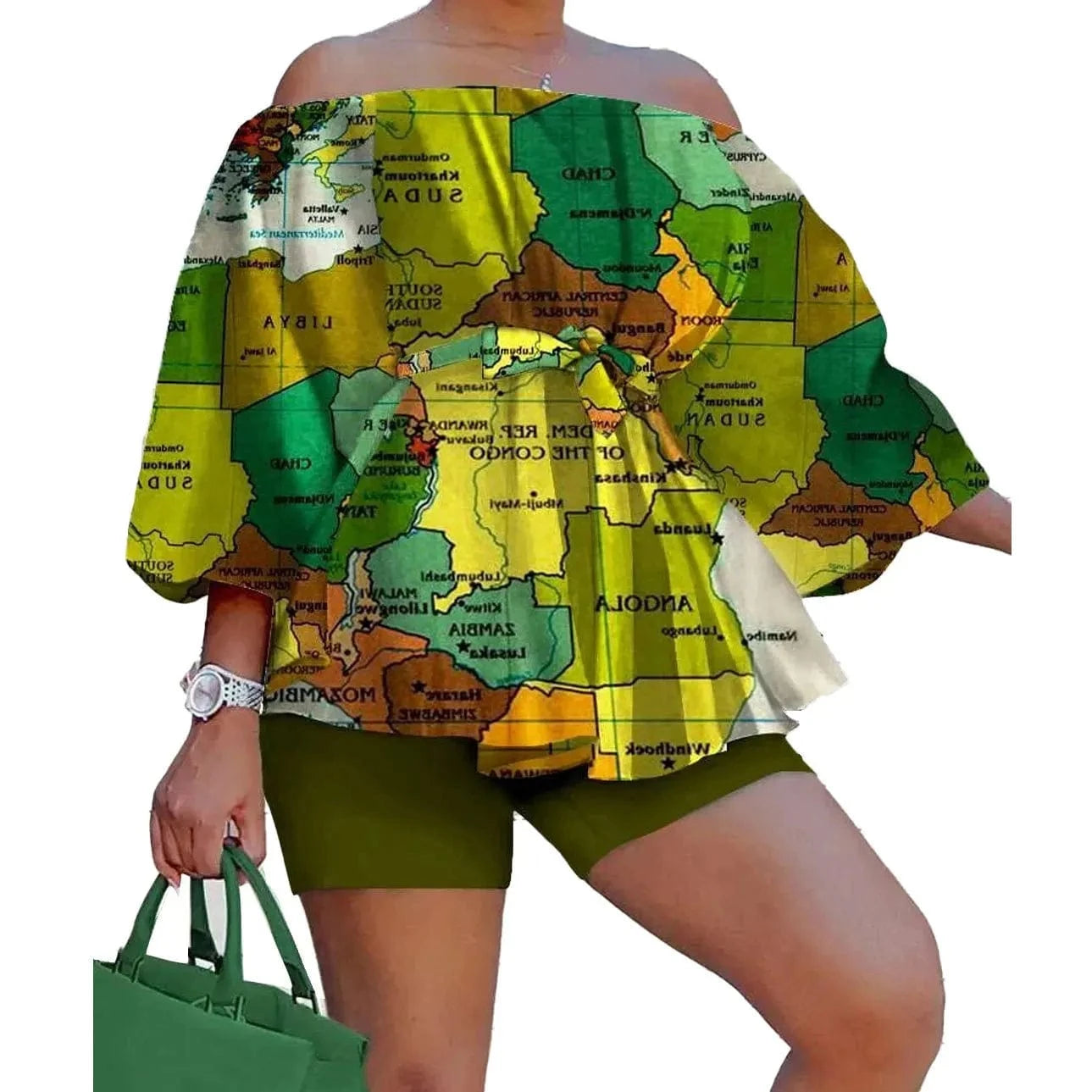 2 XL / Yellow green Z117802 2024 Print Ladies spring print Casual Off Shoulder Puff Sleeve plus size short sets women two piece for plus size women