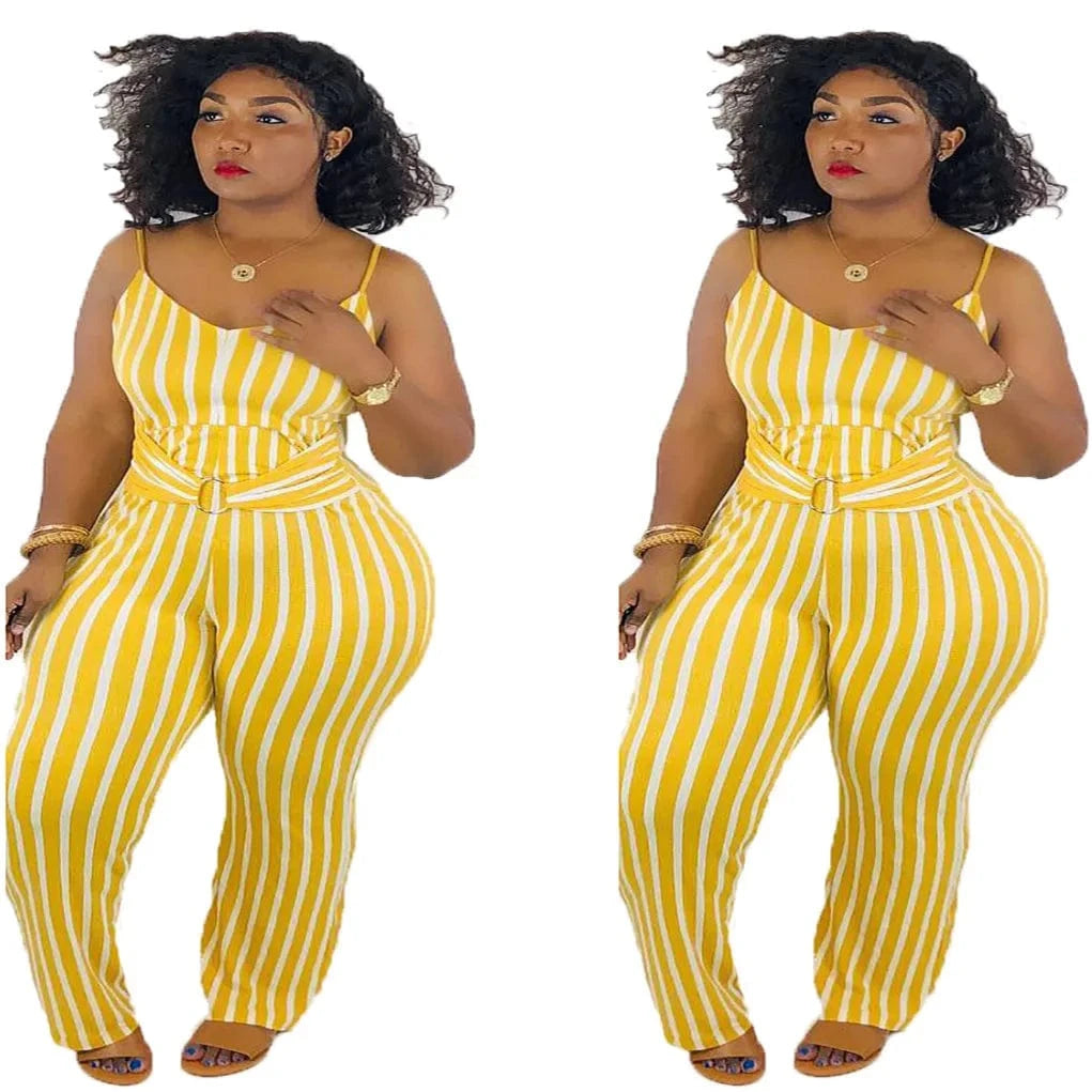 2 XL / Yellow Hot Seller Summer Women's Clothing Jumpsuit Striped Suspender Straps Playsuit Plus Size Back Zipper Lady Long Romper