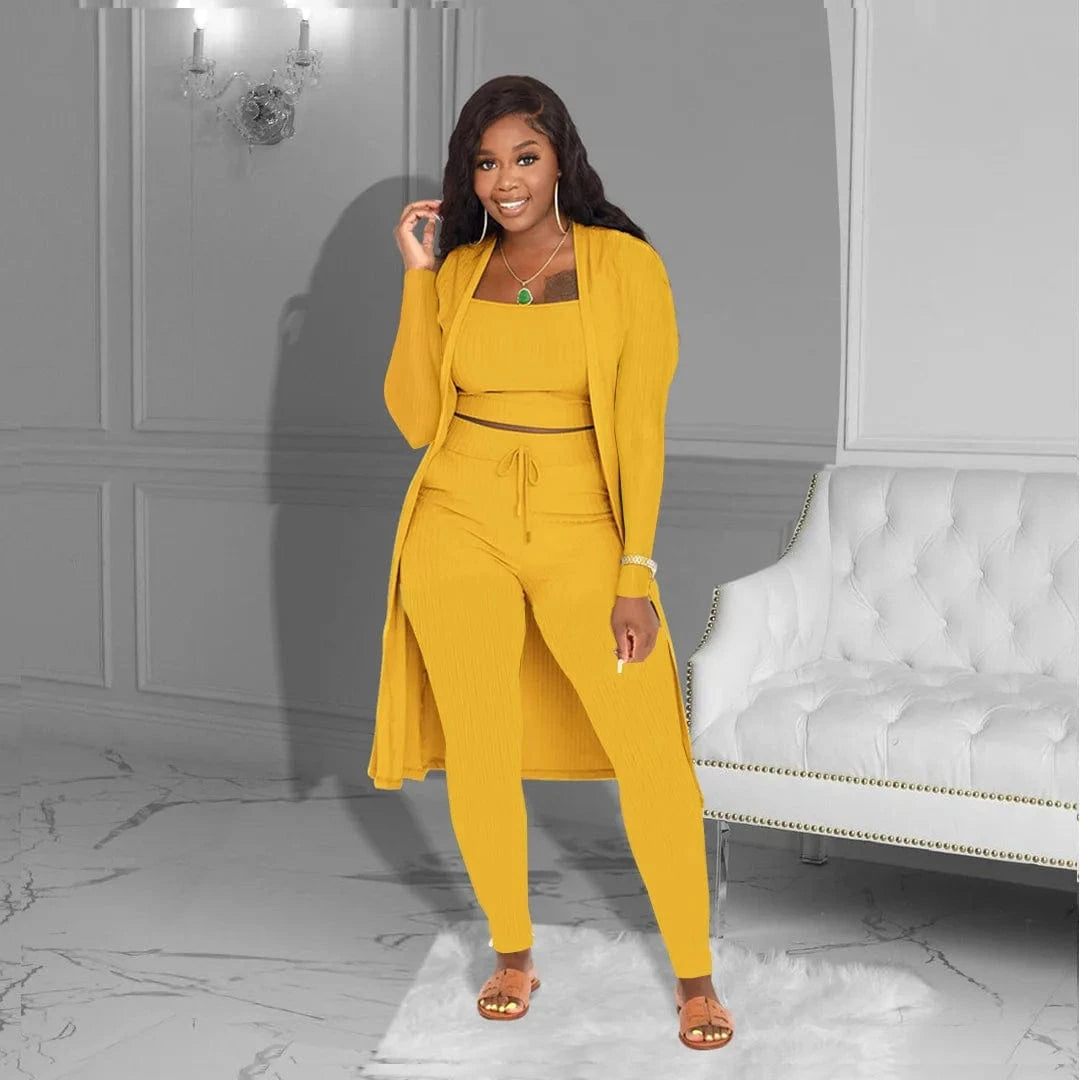 2 XL / Yellow Trending products 2024 new arrivals Women's Sets Spring Summer Solid Color Long Cardigan knit 3 piece set women