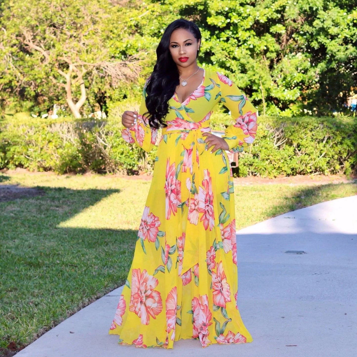 2 XL / Yellow Wholesale Bohemia Woman Casual Dress Plus Size African Style V Neck Floral Print Chiffon Maxi Dresses Clothing Women Summer 2022