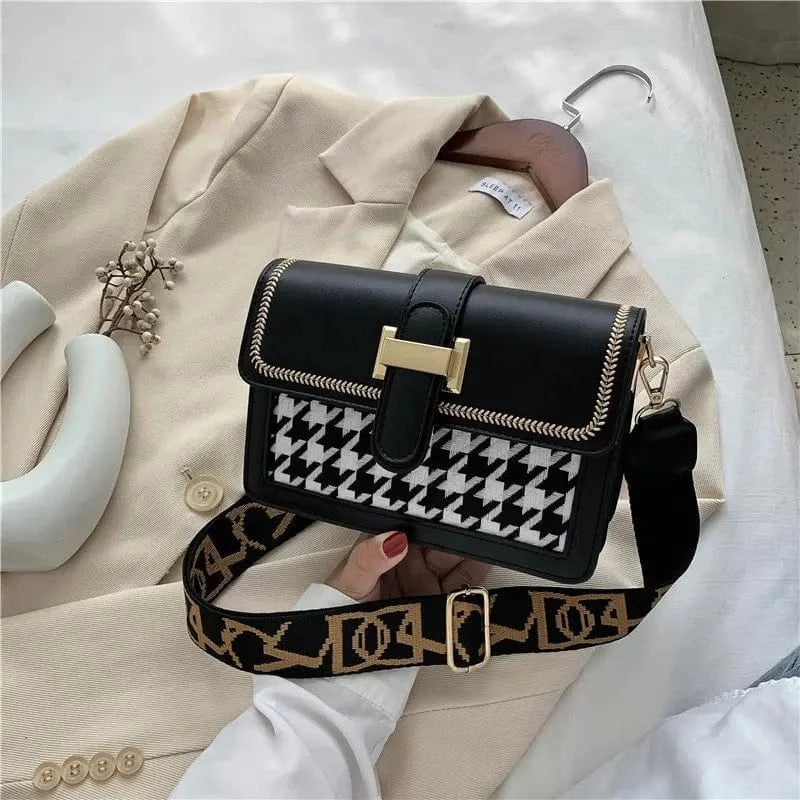 20.5cm*8cm*15cm / Black Factory Latest Small Bags 2024 Young Ladies Fashion Plaid Handbags Girls Popular Wide Shoulder Strip Purses For Woman