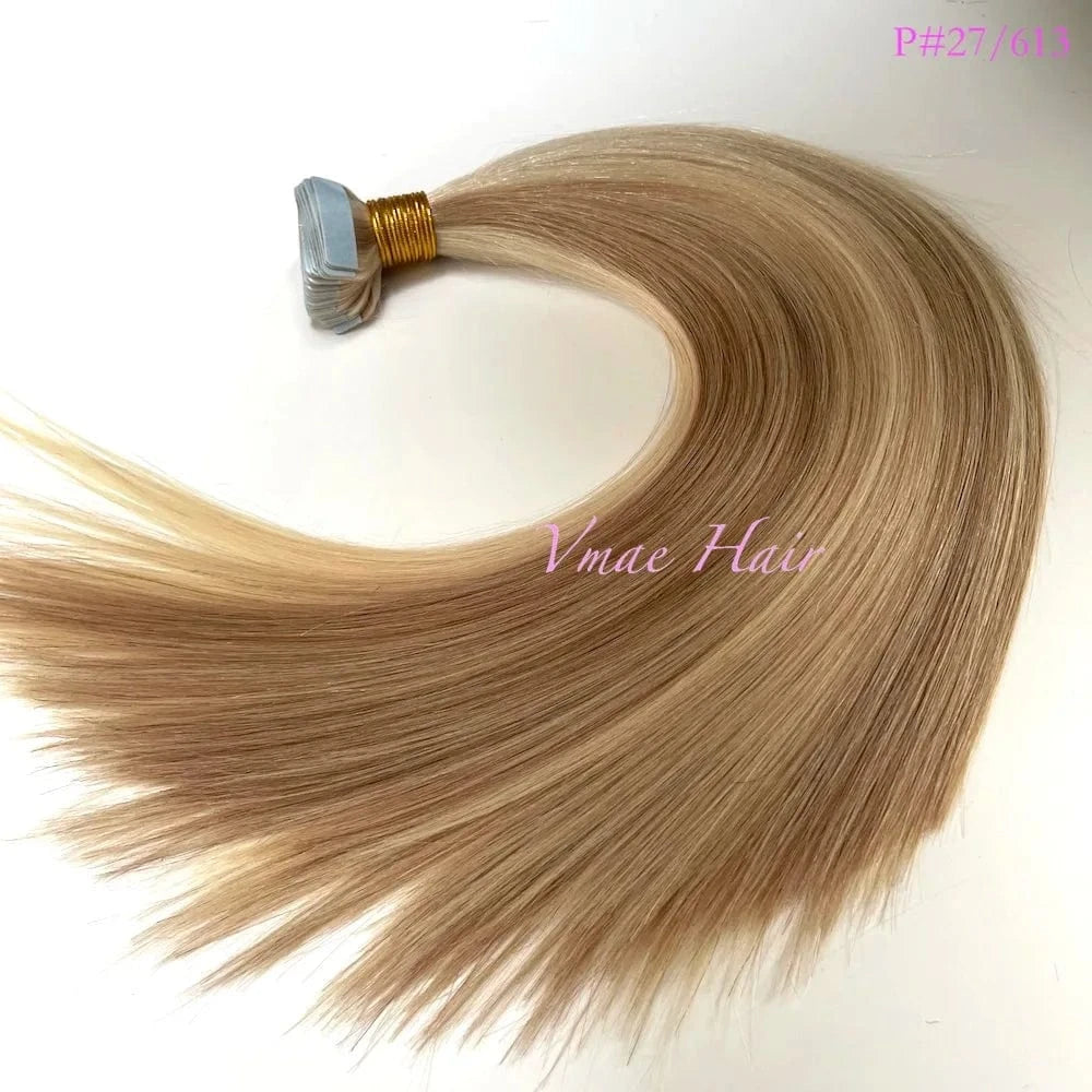 20 Inches / P27/613 Vmae Wholesale 100g Double Drawn Virgin Russian Raw Hair Straight Remy 33 613 Blonde Tape In Hair Extensions 100Human Hair