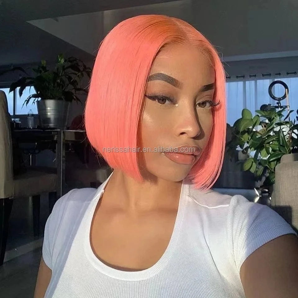 200%Density Orange Red Blue Blonde Pink Purple Mint Green Different Colored Human Hair Short Bob Glueless13X4 Lace Front Wigs