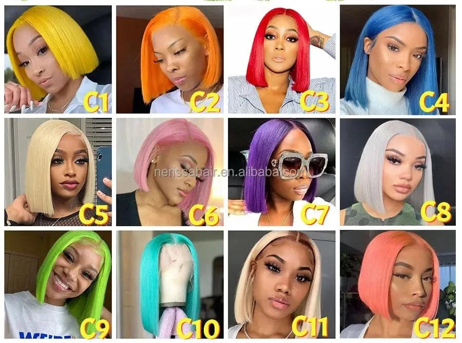 200%Density Orange Red Blue Blonde Pink Purple Mint Green Different Colored Human Hair Short Bob Glueless13X4 Lace Front Wigs