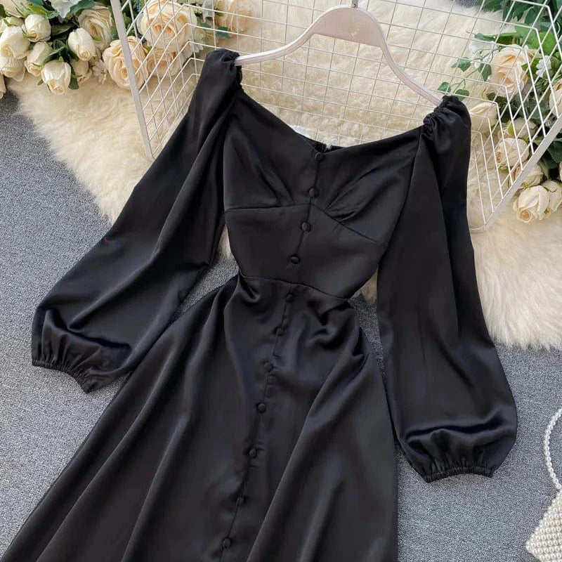 2022 Casual Summer Dress Everyday Party Dating Outfits Button Decoration Puff Long Sleeve Plain Casual Dresses