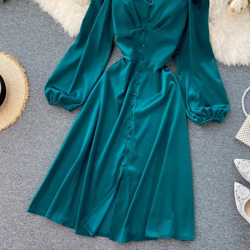 2022 Casual Summer Dress Everyday Party Dating Outfits Button Decoration Puff Long Sleeve Plain Casual Dresses
