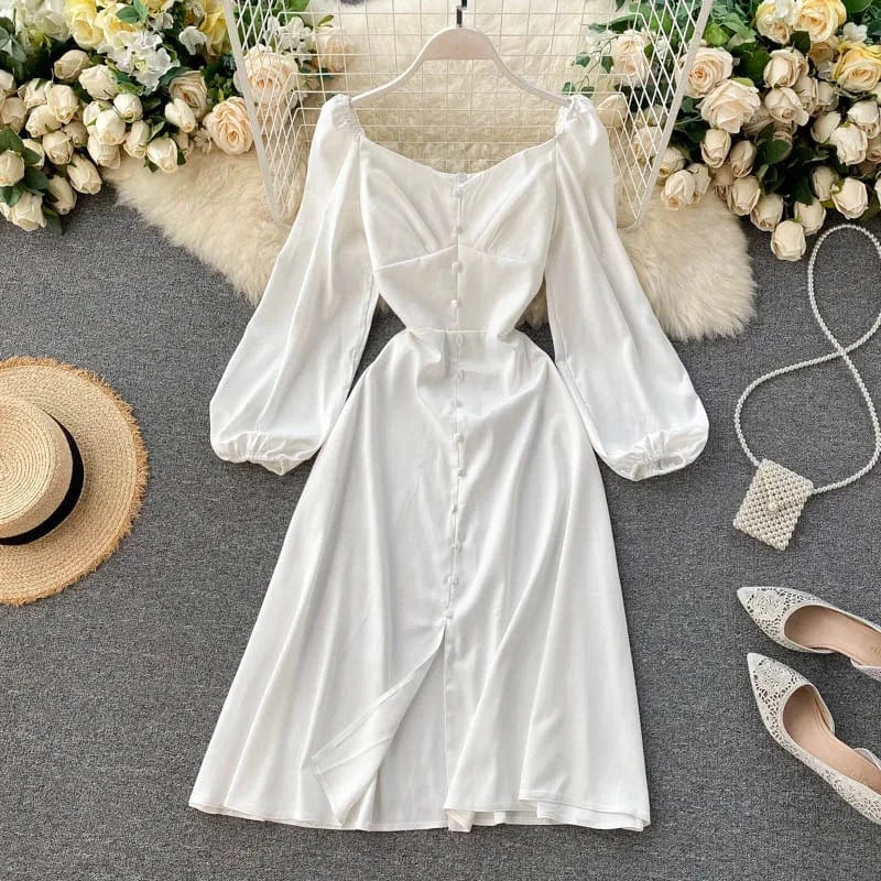 2022 Casual Summer Dress Everyday Party Dating Outfits Button Decoration Puff Long Sleeve Plain Casual Dresses