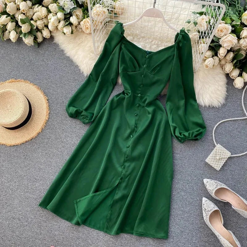2022 Casual Summer Dress Everyday Party Dating Outfits Button Decoration Puff Long Sleeve Plain Casual Dresses