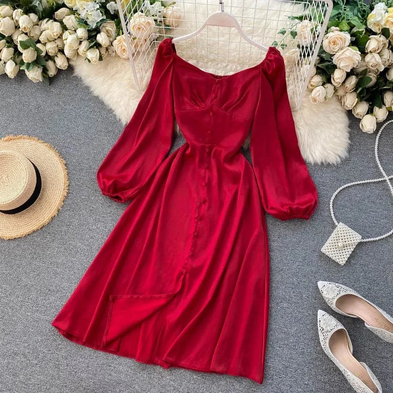 2022 Casual Summer Dress Everyday Party Dating Outfits Button Decoration Puff Long Sleeve Plain Casual Dresses