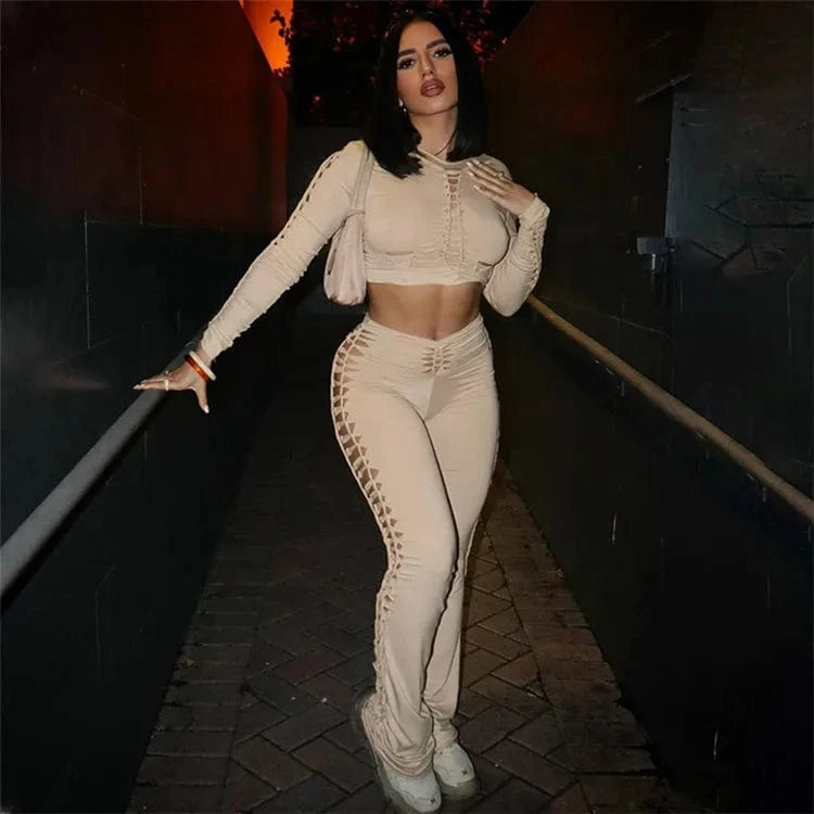 2022 Fashion Solid Long Sleeves Cut Out Crop Top Pants 2 Pcs Matching Set Fall Irregular Sexy Y2K Outfits Women