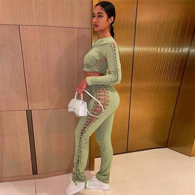 2022 Fashion Solid Long Sleeves Cut Out Crop Top Pants 2 Pcs Matching Set Fall Irregular Sexy Y2K Outfits Women