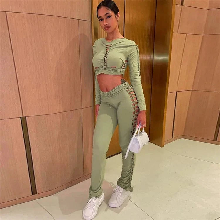 2022 Fashion Solid Long Sleeves Cut Out Crop Top Pants 2 Pcs Matching Set Fall Irregular Sexy Y2K Outfits Women