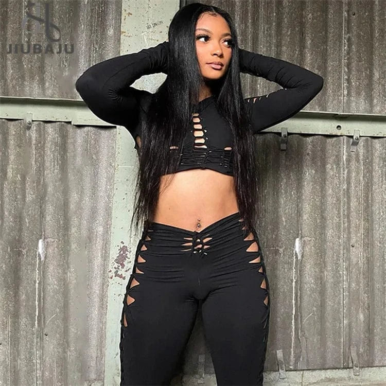 2022 Fashion Solid Long Sleeves Cut Out Crop Top Pants 2 Pcs Matching Set Fall Irregular Sexy Y2K Outfits Women