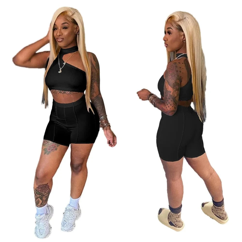 2022 Fashion Tracksuit Summer Casual Outfit Women Set Solid Sleeveless Crop Top Sheath Elastic High Waist Shorts 2 Piece Sets
