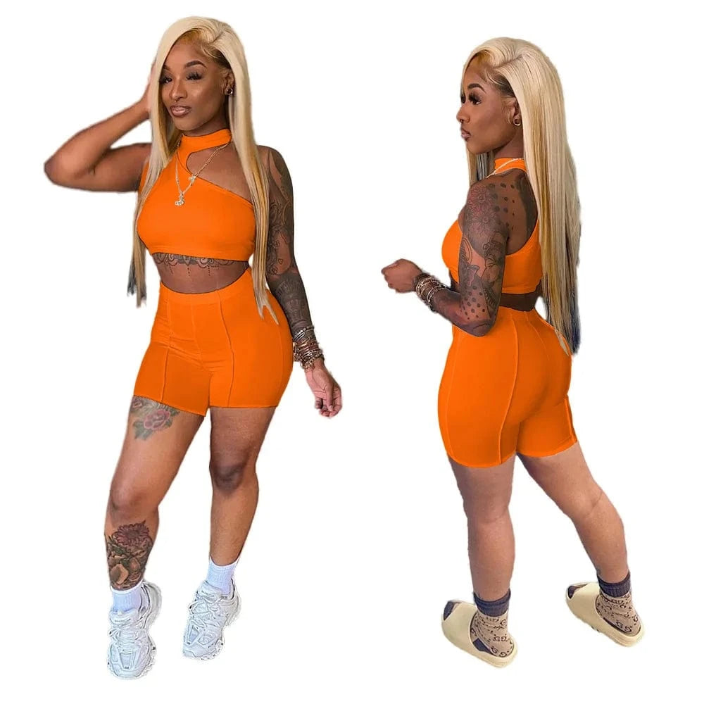 2022 Fashion Tracksuit Summer Casual Outfit Women Set Solid Sleeveless Crop Top Sheath Elastic High Waist Shorts 2 Piece Sets