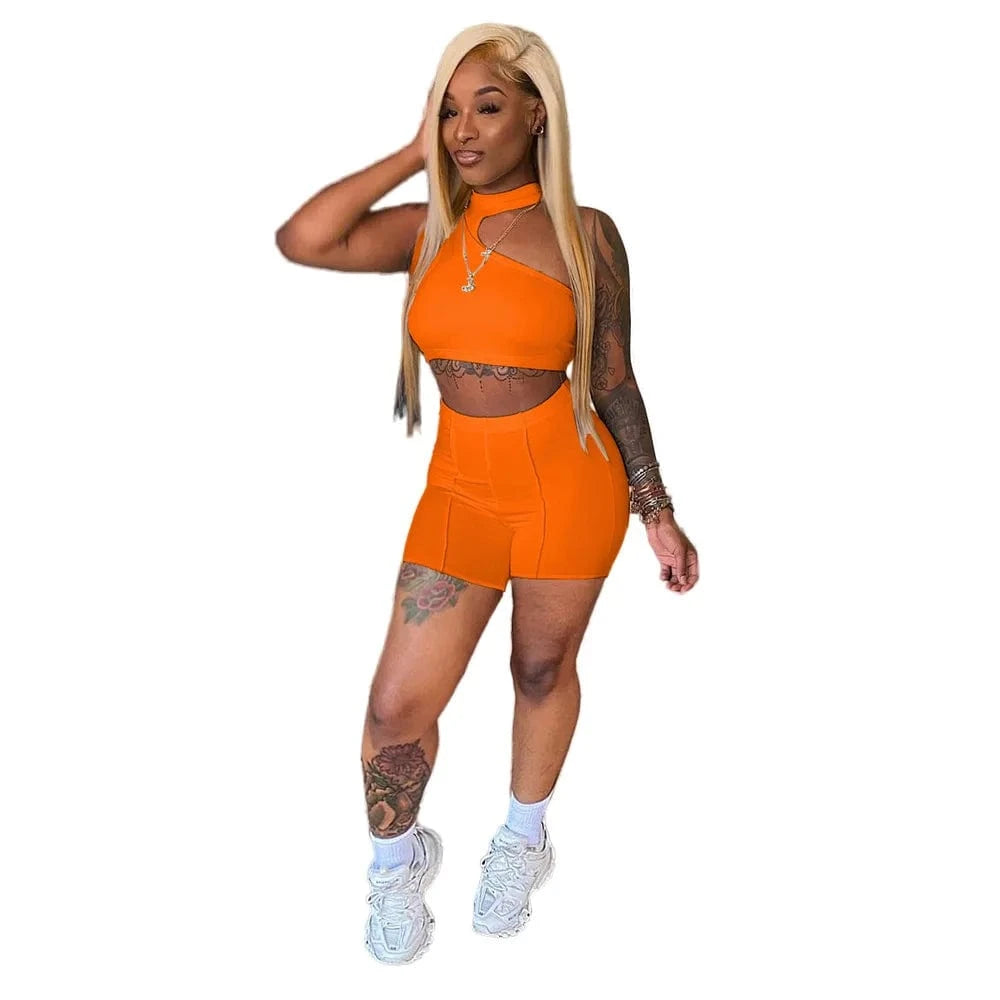 2022 Fashion Tracksuit Summer Casual Outfit Women Set Solid Sleeveless Crop Top Sheath Elastic High Waist Shorts 2 Piece Sets