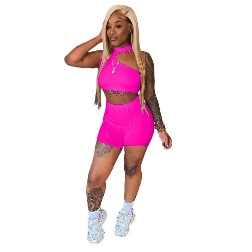 2022 Fashion Tracksuit Summer Casual Outfit Women Set Solid Sleeveless Crop Top Sheath Elastic High Waist Shorts 2 Piece Sets