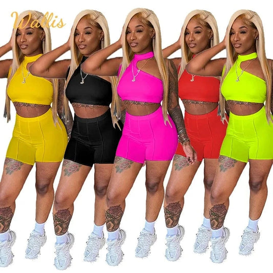 2022 Fashion Tracksuit Summer Casual Outfit Women Set Solid Sleeveless Crop Top Sheath Elastic High Waist Shorts 2 Piece Sets