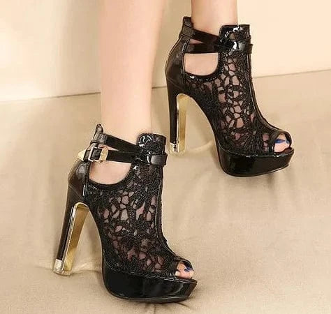 2022 Fish Mouth Lace Breathable Mesh Waterproof High Heel Short Boots For Women