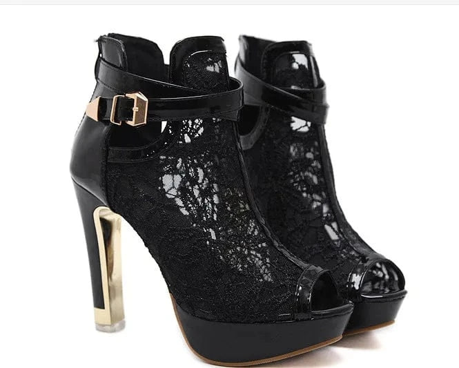 2022 Fish Mouth Lace Breathable Mesh Waterproof High Heel Short Boots For Women