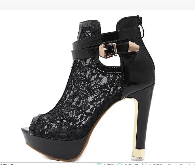 2022 Fish Mouth Lace Breathable Mesh Waterproof High Heel Short Boots For Women