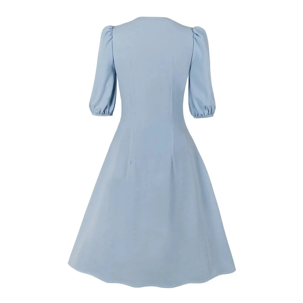 2022 New Arrival Spring Summer Women Causal Dress Puff Sleeves Flare Vintage Dress Button Up Fashion Boohoo Midi Dress