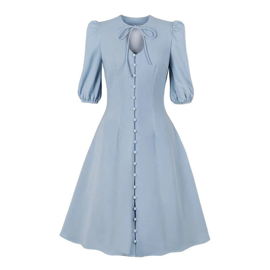 2022 New Arrival Spring Summer Women Causal Dress Puff Sleeves Flare Vintage Dress Button Up Fashion Boohoo Midi Dress