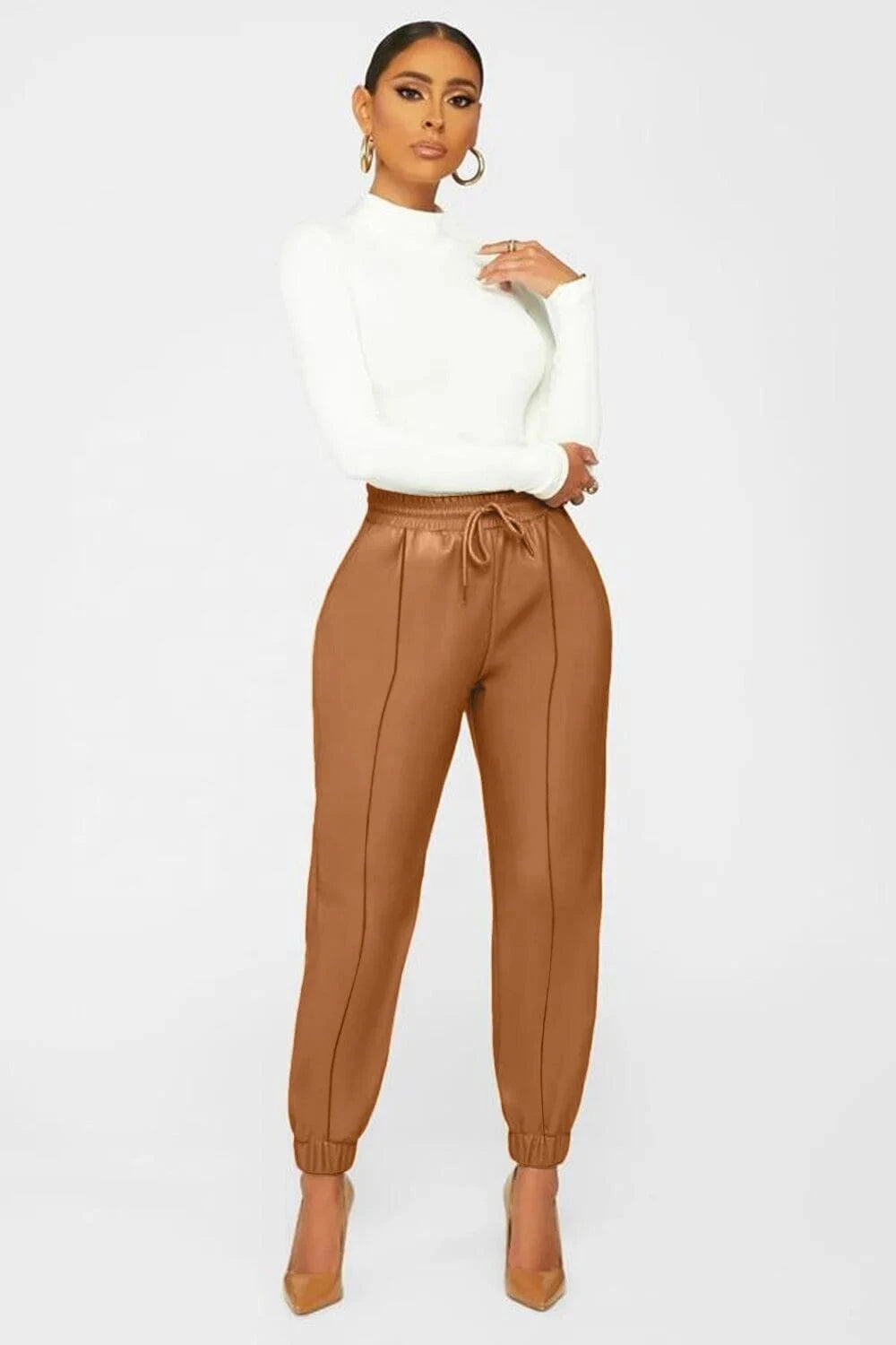 2022 New Arrivals Solid Color High Waist Drawstring Elastic Waist Women PU Leather Ankle Banded Pants