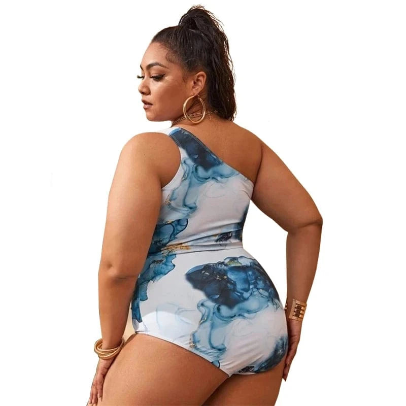 2022 New Design One Piece Swimsuit Plus Size Single Shoulder Swimwear 4x Bow Tie High Cut Leg Printed Beachwear for Fat Women